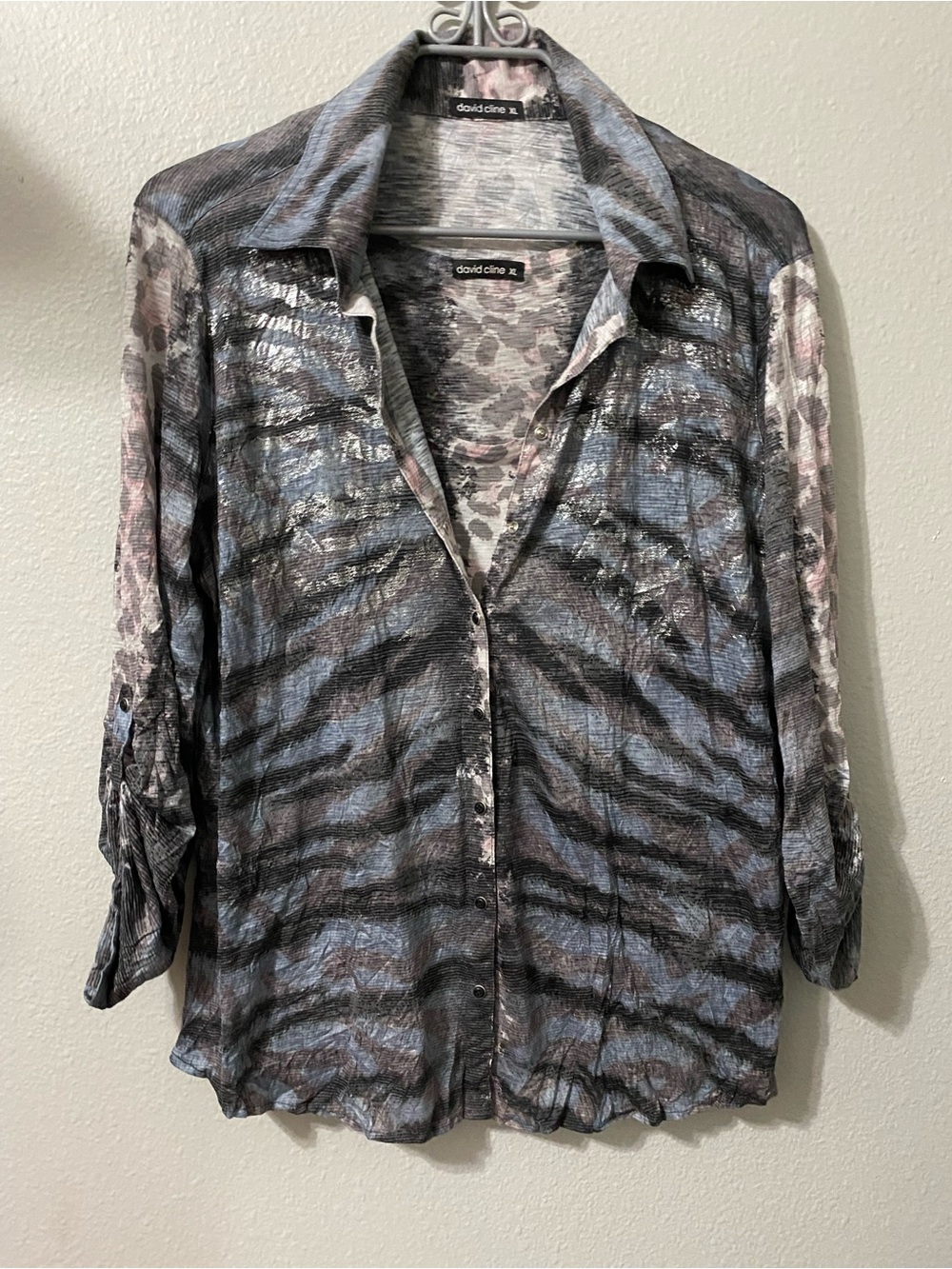 David Cline Sheer Multi-Tone Snap Down Blouse and Tee in Blue, Grey, Black